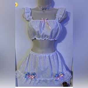 Sexy Little Bo Peep White Eyelet Lace Choker Costume Ruffle Mini Skirt
